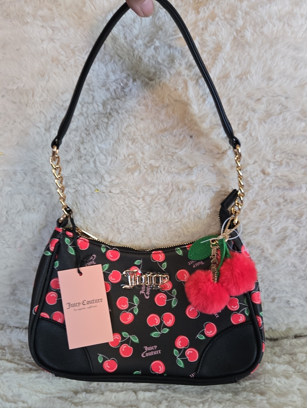 Juicy Couture Black Cherry-Print Shoulder Bag with Red Pom Charm